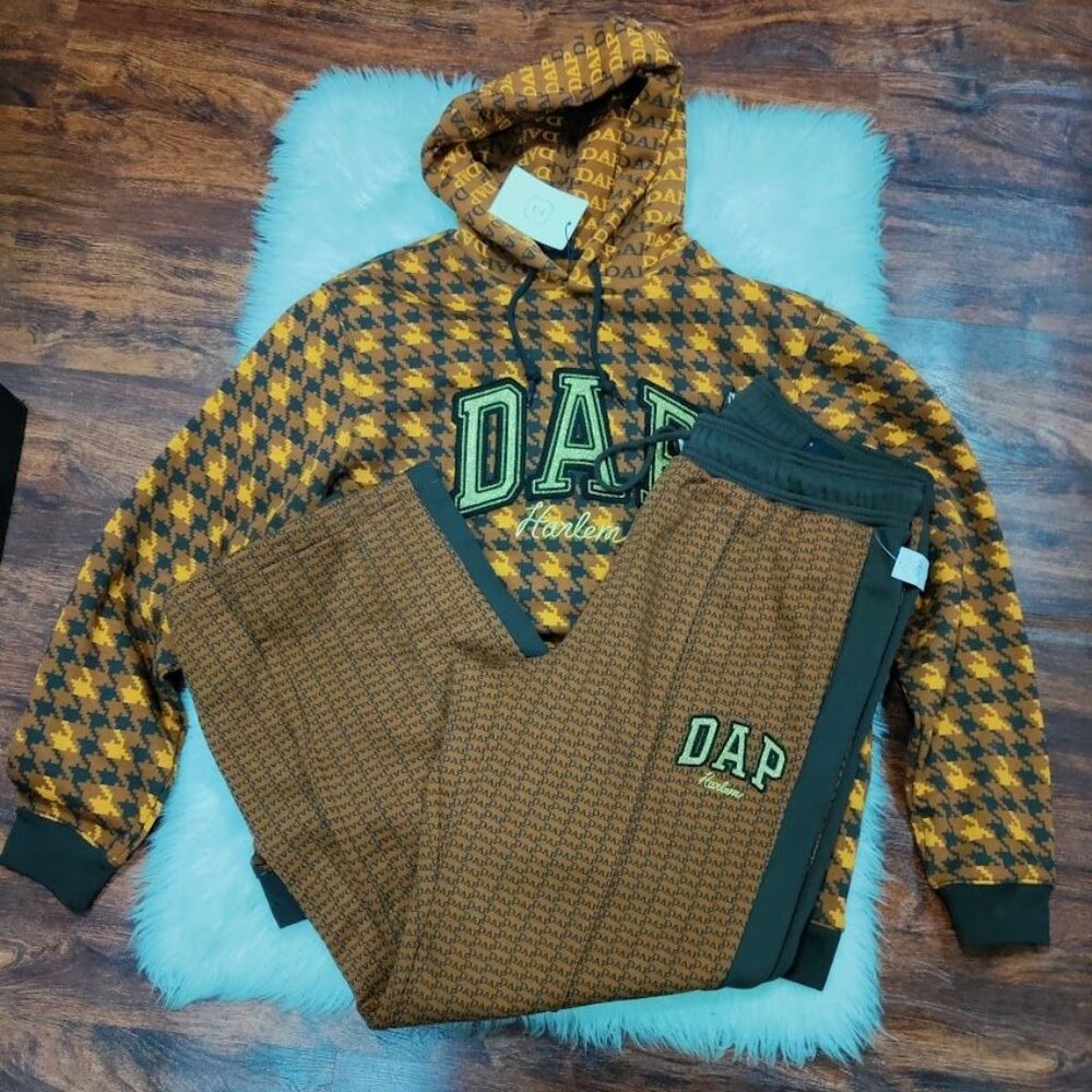 NWT Gap x Dapper Dan DAP GAP Unisex M/L Houndstooth Hoodie & Pant Set Brown/Gold - Picture 4 of 16